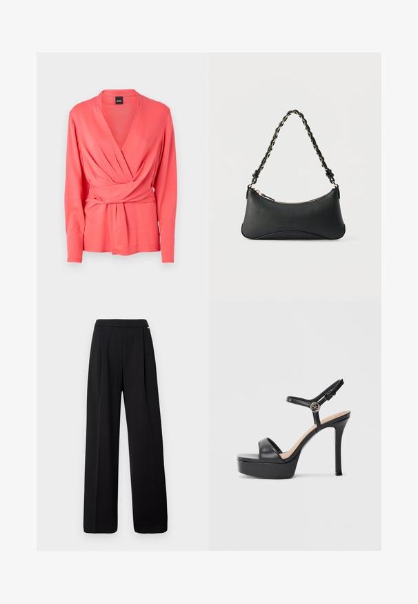 Top envolvente de manga larga color coral con escote en V profundo y parte delantera fruncida. Confeccionado en una tela suave, cuenta con una cintura atada para un ajuste ajustable.; Pantalones negros de tiro alto y pierna ancha con costuras delanteras y una cintura lisa, mostrados sobre un fondo blanco.; Sandalias de plataforma negras con tacón alto de aguja, con empeine de cuero liso, diseño de punta abierta y una correa ajustable en el tobillo con herrajes.; Bolso de hombro de cuero negro con forma rectangular curvada, cadena dorada entrelazada en una correa negra trenzada y cierre superior con cremallera.