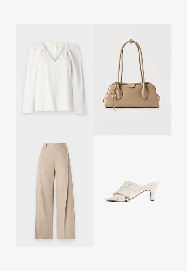 Hvid langærmet bluse med dyb V-udskæring, der har plisserede detaljer på skuldrene og en lige kant. Glat stof med en subtil glans.; Beige linnedragt med vidde og høj talje, der har en glat tekstur og rene linjer, designet til en afslappet pasform.; Beige højhælede mules med et snoet læderstropdesign, åben tå og præget logoaccent. Hælen har en sort spidsdetalje.; Beige håndtaske med glat lædertekstur. Rund form, to lange håndtag og en gulddetalje på lynlåsen.