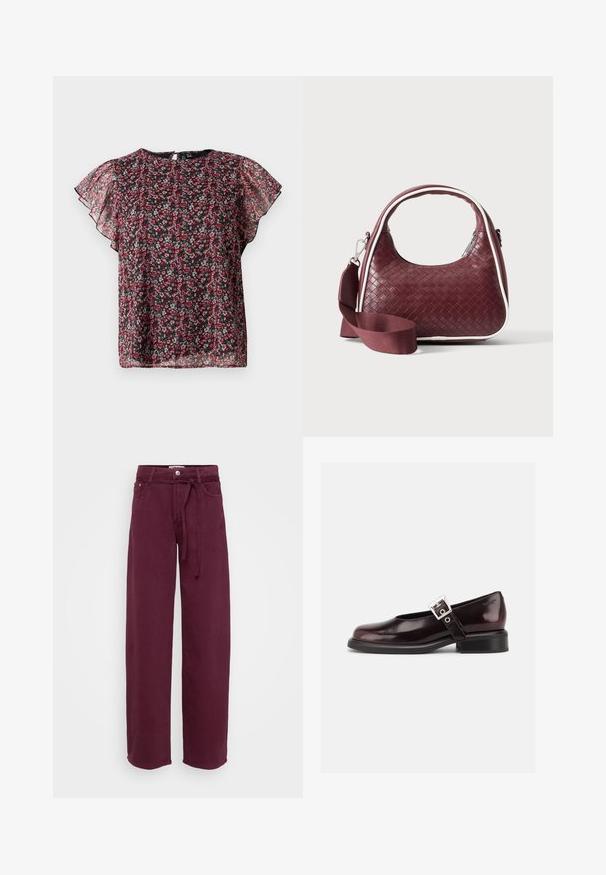 Blouse noire en tissu transparent avec imprimé floral rouge et rose, manches volantées, col rond et fermeture par bouton avec ouverture en trou de serrure au dos.; Pantalons larges bordeaux en coton, dotés d'une taille à lien, de deux poches avant et d'une fermeture à bouton. Texture lisse, sans motifs.; Chaussure Mary Jane unique brillante couleur bordeaux foncé avec une large bride et une boucle argentée, talon bloc bas et bout arrondi sur fond blanc.; Sac à main en cuir tressé marron foncé avec poignée courbée, garniture blanche, fermeture éclair argentée et bandoulière large en tissu amovible sur fond uni.