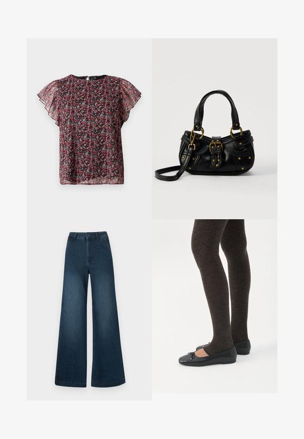 Blouse noire en tissu transparent avec imprimé floral rouge et rose, manches volantées, col rond et fermeture par bouton avec ouverture en trou de serrure au dos.; Jean en denim bleu foncé, taille haute et jambes larges, avec poches avant et passants de ceinture sur fond blanc.; Jambes portant des leggings côtelés foncés associés à des ballerines noires avec de petits détails en nœud sur fond blanc.; Sac à main en cuir noir avec boucle dorée et détails à rivets, poignées courtes et bandoulière réglable sur fond blanc uni.