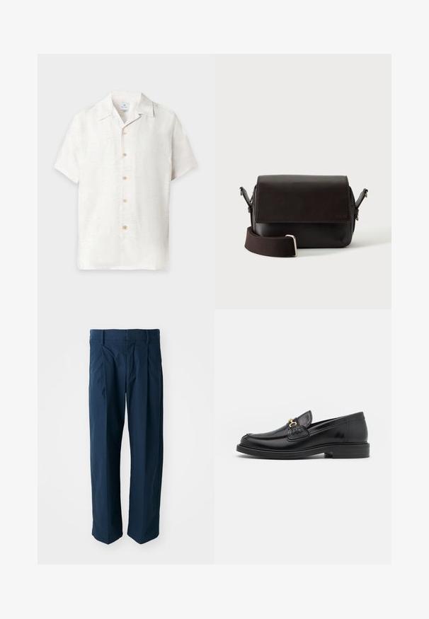 Chemise blanche à manches courtes avec boutons, motif floral subtil et col classique, affichée sur un fond uni.; Pantalons bleu marine en coton, présentant une coupe décontractée, des plis plats à l'avant et une taille plate avec passants de ceinture.; Mocassins en cuir noir avec un embout rond, présentant des accents en métal doré et des détails de couture, montés sur une semelle en caoutchouc texturé et basse.; Sac bandoulière en cuir marron foncé avec fermeture à rabat et sangle en tissu réglable sur fond blanc.