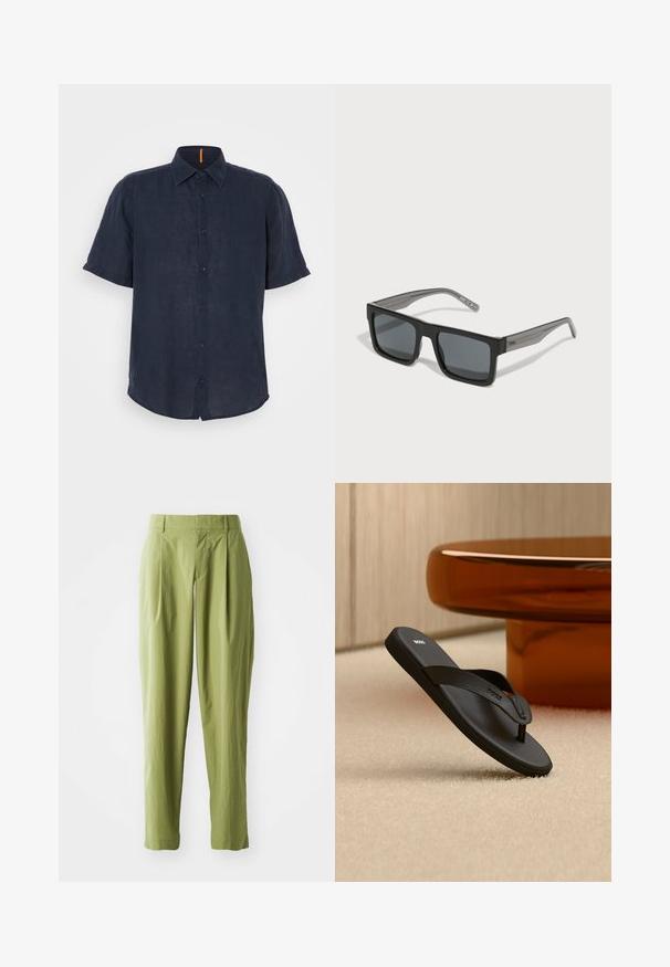 Camisa de manga corta en lino azul marino oscuro, con cierre de botones en la parte delantera, cuello puntiagudo y un sutil acento naranja en el escote. Textura suave y corte casual.; Pantalones verdes claros hechos de una tela texturizada, con una forma recta, pliegues en la parte frontal y una cinturilla estándar.; Sandalia tipo flip-flop negra de BOSS sobre una alfombra beige con una gran mesa redonda de color ámbar al fondo.; HUGO Gafas de sol - black