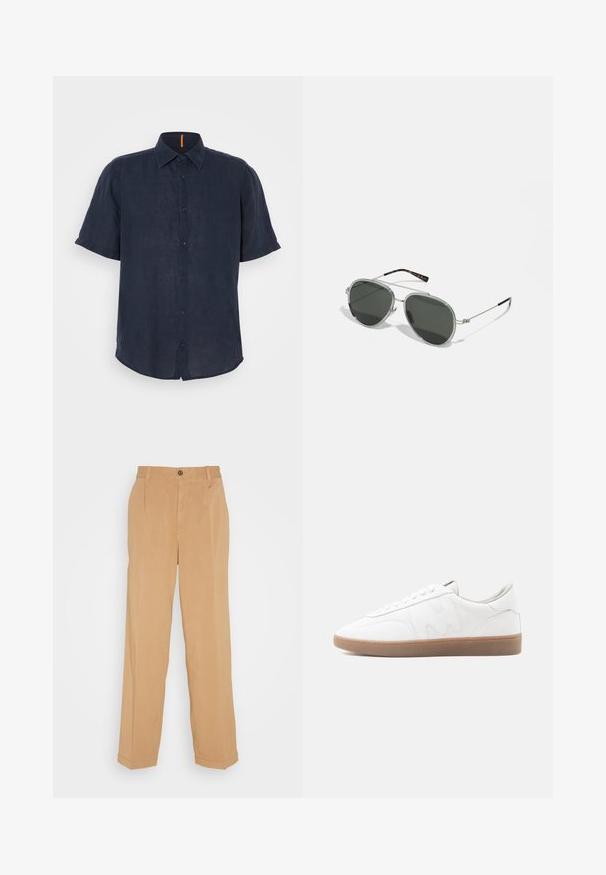 Camisa de manga corta en lino azul marino oscuro, con cierre de botones en la parte delantera, cuello puntiagudo y un sutil acento naranja en el escote. Textura suave y corte casual.; Pantalones de pierna ancha en beige, fabricados con tejido suave, que cuentan con dos bolsillos frontales, un cierre de botón y detalles de pliegues a lo largo de las piernas.; Zapatilla blanca de corte bajo con suela de goma color caramelo, superposiciones cosidas y cierre de cordones sobre fondo neutro.; Un par de gafas de sol aviador metálicas plateadas con lentes verde oscuro, que cuentan con brazos delgados con acentos de carey y una forma redonda.