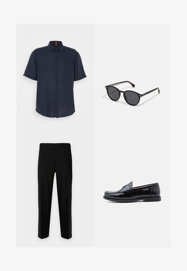 Chemise à manches courtes en lin bleu marine, avec un devant à boutons, un col pointu et un subtil accent orange au niveau du cou. Texture douce et coupe décontractée.; Pantalon noir en tissu lisse, présentant une coupe droite, deux poches avant et une fermeture à glissière avec bouton.; Mocassins en cuir noir avec une finition brillante, présentant un motif cousu sur l'avant-pied et une semelle en caoutchouc noire texturée et basse.; BOSS Lunettes de soleil - black