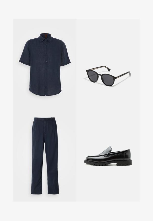 Chemise à manches courtes en lin bleu marine, avec un devant à boutons, un col pointu et un subtil accent orange au niveau du cou. Texture douce et coupe décontractée.; Pantalon bleu marine en mélange de coton. Présente une coupe droite, une fermeture à bouton sur le devant et de légères plis. Texture douce.; Mocassin en cuir noir avec semelle en caoutchouc épaisse, dessus cousu et nom de marque embossé sur le talon, présenté de profil sur fond blanc.; BOSS Lunettes de soleil - black