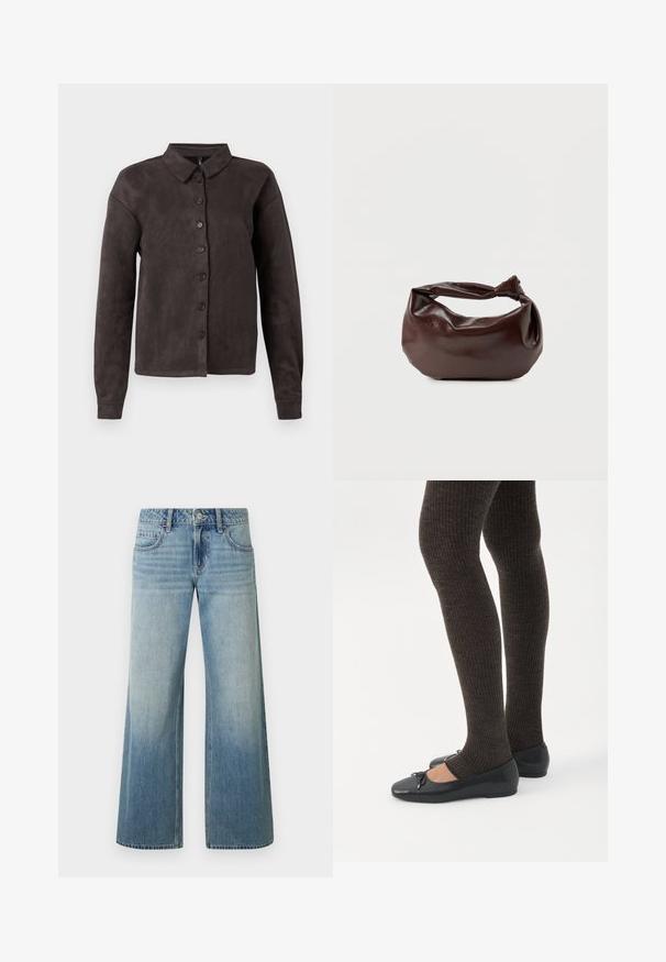 Chemise boutonnée marron foncé en tissu doux ressemblant au daim. Elle présente un col classique, des manches longues et six boutons sur le devant.; Jean large bleu clair avec une finition délavée, doté d'une fermeture à boutons, de cinq poches et de détails cousus le long des coutures.; Jambes portant des leggings côtelés foncés associés à des ballerines noires avec de petits détails en nœud sur fond blanc.; Sac bandoulière en cuir marron foncé avec une forme souple et décontractée et une anse nouée torsadée sur un fond blanc uni.