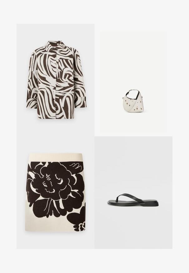 Camisa de botonada marrón y blanca con un patrón ondulado. Confeccionada con material texturizado, cuenta con un collar y un bolsillo en el pecho.; Falda crema con cinturilla ancha acanalada y gran estampado floral negro que cubre la parte delantera del tejido.; Chancla negra de piel suave, con un diseño de tira delgada y una suela plana de perfil mínimo. Sin patrones ni acentos notables.; Pequeño bolso blanco con manchas marrones, forma triangular redondeada, forro interior negro y correa corta ajustable con hebilla plateada.