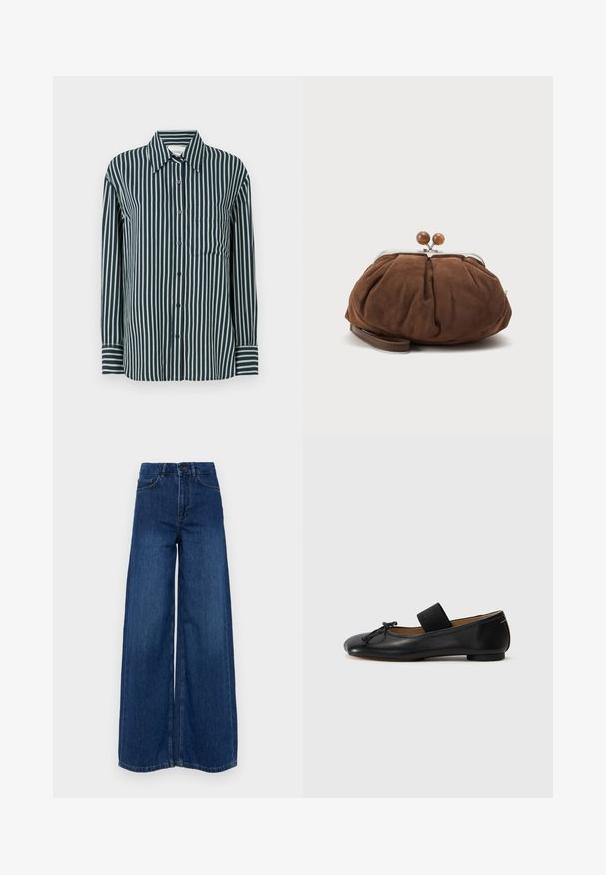 Knap-op skjorte med lodrette marineblå og lysegrønne striber, klassisk krave, lange ærmer og en enkelt brystlomme. Fremstillet af glat stof.; Vanessa Bruno BILBAO - Wide leg - royal; Sorte læder ballet flats med en rund tå, en lille knude detalje og et elastisk bånd over vristen for en sikker pasform. Flad sål.; Blød brun ruskindshåndtaske med sølvmetal ramme og runde brune låsekugler på en ensfarvet lys baggrund.