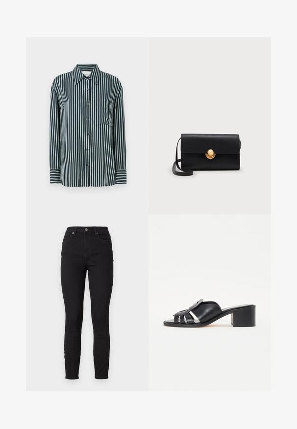 Hemd mit Knopfleiste in vertikalen navy- und hellgrünen Streifen, klassischem Kragen, langen Ärmeln und einer einzigen Brusttasche. Hergestellt aus glattem Stoff.; Schwarze, eng geschnittene Jeans aus Denim mit hoher Taille, featuring Fronttaschen, einem Knopfverschluss und dezenten Steppnähten an den Nähten.; Schwarze Ledersandalen mit rutschfestem Fußbett, die über einen geschwungenen Riemen mit Ausschnitten, silbernen Hardware-Accents und einem klobigen Absatz verfügen. Glatte Oberfläche insgesamt.; Schwarze lederne rechteckige Umhängetasche mit einem schmalen Trageriemen und einem runden goldenen Verschluss in der Mitte der Vorderklappe.