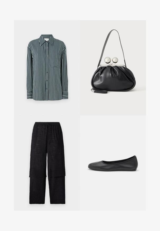 Camisa de botones con rayas verticales en azul marino y verde claro, cuello clásico, mangas largas y un solo bolsillo en el pecho. Fabricada en tejido suave.; Henrik Vibskov SHANTS PANTS - Pantalones - black; Bailarina de piel negra con punta redondeada, textura suave, detalle de costura minimalista y diseño de suela flexible.; Bolso de mano de cuero negro con diseño fruncido, una sola correa, marco metálico plateado y dos cierres grandes redondos de plata.