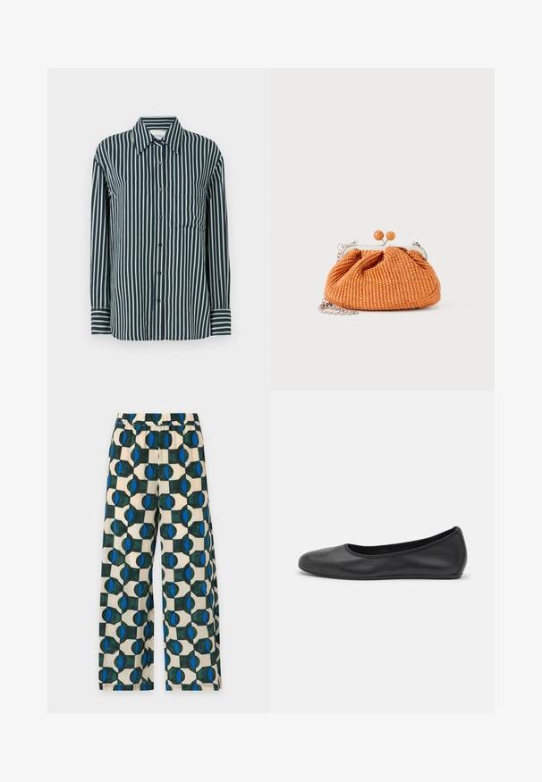 Chemise boutonnée avec des rayures verticales bleu marine et vert clair, col classique, manches longues et une poche poitrine unique. Fabriquée en tissu lisse.; Pantalon à jambes larges avec taille élastique, présentant un motif géométrique bleu et vert foncé sur fond beige.; Ballerines en cuir noir avec un bout rond, texture lisse, détails de couture minimalistes et design de semelle flexible.; Petit sac pochette tissé orange avec cadre en métal argenté, fermoir rond et bandoulière chaîne argentée sur fond blanc.