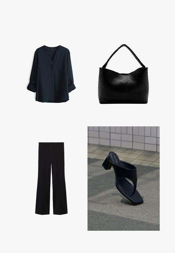 Navyblauwe blouse met lange mouwen, een V-hals en oprollende knopenmanchetten. Gemaakt van lichtgewicht stof met een relaxte pasvorm.; Zwarte hoge taille broeken met brede pijpen en voornaaddetails, gemaakt van een gladde stof.; Zwarte sandaal met hak, vierkante neus en brede band, geplaatst op grijs asfalt nabij betegelde muur.; Zwarte geweven handtas met een enkele gevlochten hengsel, rechthoekige vorm en glanzend gestructureerd oppervlak.
