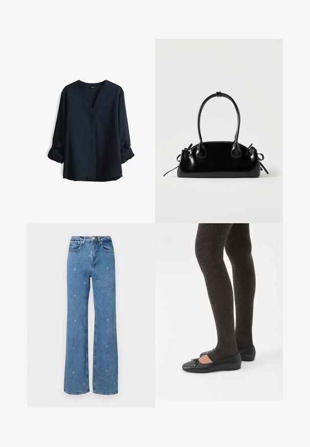 Navyblauwe blouse met lange mouwen, een V-hals en oprollende knopenmanchetten. Gemaakt van lichtgewicht stof met een relaxte pasvorm.; Blauwe hoge taille rechte jeans met kleine witte bloemenborduursels verspreid over de stof.; Benen met donkere geribbelde leggings gecombineerd met zwarte ballerina's met kleine strikdetails op een witte achtergrond.; Kleine zwarte glanzende handtas met twee lange hengsels en zijkant trekkoord details op een effen lichte achtergrond.