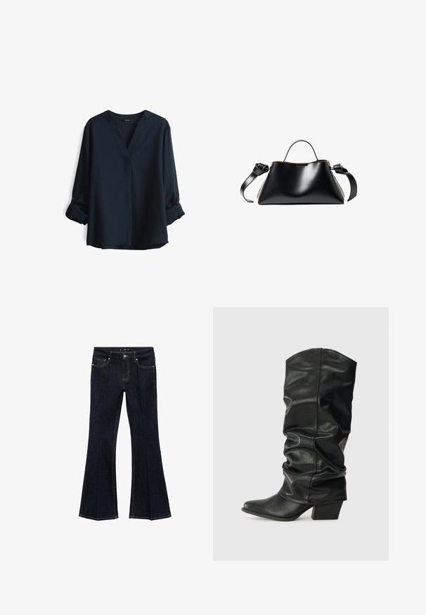 Navyblauwe blouse met lange mouwen, een V-hals en oprollende knopenmanchetten. Gemaakt van lichtgewicht stof met een relaxte pasvorm.; Donkerblauwe denim jeans met hoge taille, voorzakken en wijd uitlopende pijpen, plat weergegeven op een witte achtergrond.; Zwarte leren laarzen tot de knie met een verslonden ontwerp, puntige neus en een chunky hak, voorzien van een zachte textuur en minimale stiksels.; Zwarte leren handtas met een gestructureerd, hoekig ontwerp, voorzien van een bovenhandvat en een verstelbare schouderriem. Gladde textuur en minimale detailing.