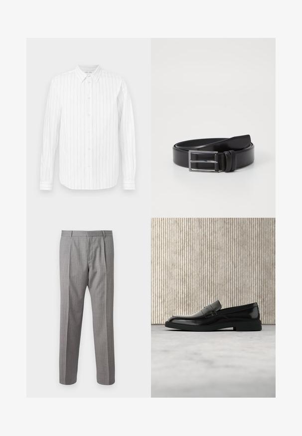 Chemise blanche à manches longues avec des rayures verticales grises, col boutonné, boutons sur le devant et manches à poignets. Texture de tissu lisse.; Pantalon gris à rayures fines avec une coupe ajustée, présentant des plis avant, des passants de ceinture et une texture lisse. Design à jambes droites, ourlets nets.; Mocassin en cuir noir poli flottant au-dessus d'un tapis beige avec un mobilier translucide orange en arrière-plan.; Ceinture en cuir noir au toucher lisse, dotée d'une boucle rectangulaire en argent et d'un double détail de broche. Design classique et polyvalent.