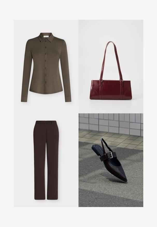 Chemise à manches longues vert olive foncé, boutonnée, col pointu et taille ajustée, présentée sur un fond clair et uni.; Pantalon droit marron foncé avec passants de ceinture, braguette devant et poches latérales, présenté sur un fond blanc uni.; Chaussure plate à bout pointu marron foncé avec bride arrière, large sangle et grande boucle argentée sur l'asphalte près d'un mur carrelé.; Sac à main bordeaux en matériau brillant, de forme rectangulaire, avec deux anses et des accents légèrement courbés à l'avant.