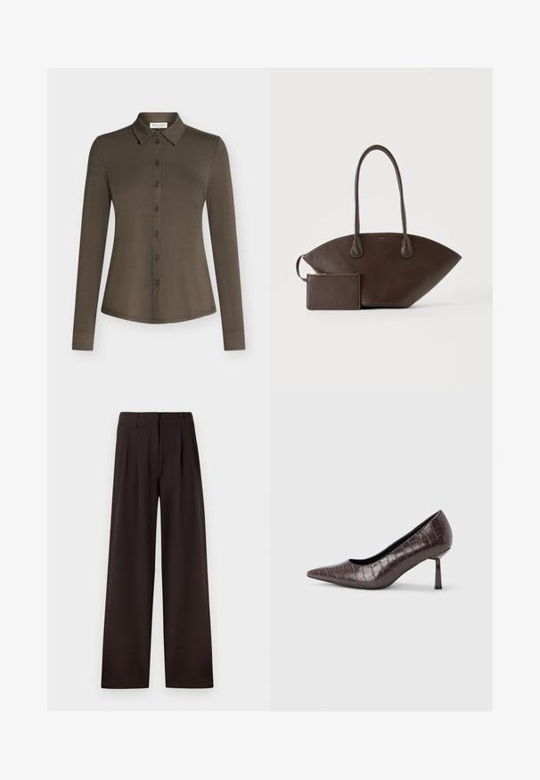 Chemise à manches longues vert olive foncé, boutonnée, col pointu et taille ajustée, présentée sur un fond clair et uni.; Pantalon marron foncé à jambes larges avec plis et passants pour ceinture, doté d'une fermeture éclair avant et d'un ourlet net sur un fond uni.; Escarpins à bout pointu en similicuir marron avec une texture crocodile, dotés d’un talon fin et angulaire ainsi que d’une doublure intérieure lisse.; Sac à main en cuir marron foncé avec longues poignées et petite pochette assortie zippée sur un fond clair uni.