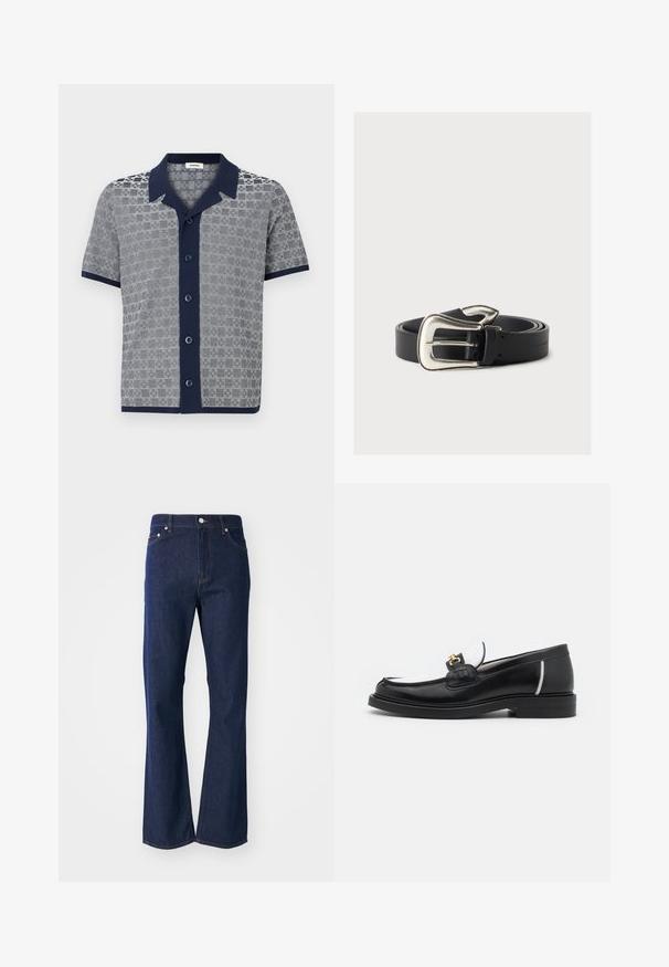 Chemise à manches courtes avec col et patte de boutonnage bleu marine, présentant un motif texturé gris et blanc et une bordure bleu marine aux manches et à l'ourlet.; Jeans évasés de couleur bleu foncé en denim. Comprend cinq poches, une fermeture éclair à l'avant et un bouton métallique. Accents de couture classique.; Mocassin en cuir noir avec un bout arrondi, des accents blancs et des détails en or sur le dessus. Présente un empiècement texturé et un talon empilé.; Ceinture en cuir noir avec une grande boucle argentée de style western, enroulée sur un fond neutre.