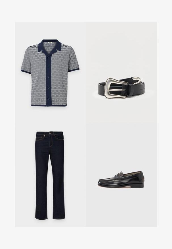Chemise à manches courtes avec col et patte de boutonnage bleu marine, présentant un motif texturé gris et blanc et une bordure bleu marine aux manches et à l'ourlet.; Jean en denim droit bleu marine avec des coutures orange, bouton avant, fermeture éclair et design à cinq poches sur fond blanc.; Mocassins en cuir noir avec un design de style mocassin, présentant une bande décorative et un détail de couture sur le dessus. Talon bloc bas.; Ceinture en cuir noir avec une grande boucle de style western argentée et une pointe de ceinture argentée assortie, enroulée sur un fond blanc.