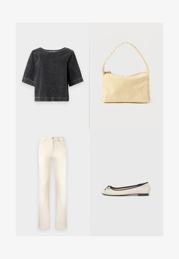 Top de mezclilla negra con mangas cortas, cuello redondo y un ajuste ligeramente holgado. Presenta costuras visibles y un acabado texturizado.; Jeans de mezclilla beige con un diseño clásico de pierna recta. Presentan cinco bolsillos, cierre de cremallera y costuras sutiles a lo largo de las costuras.; Bailarinas en un tejido beige con un ribete negro. Presentan una punta redondeada y un pequeño lazo en la parte delantera. Suela de bajo perfil.; Pequeño bolso de cuero beige con una sola correa y tachuelas plateadas a lo largo de los bordes y la correa, sobre un fondo liso.