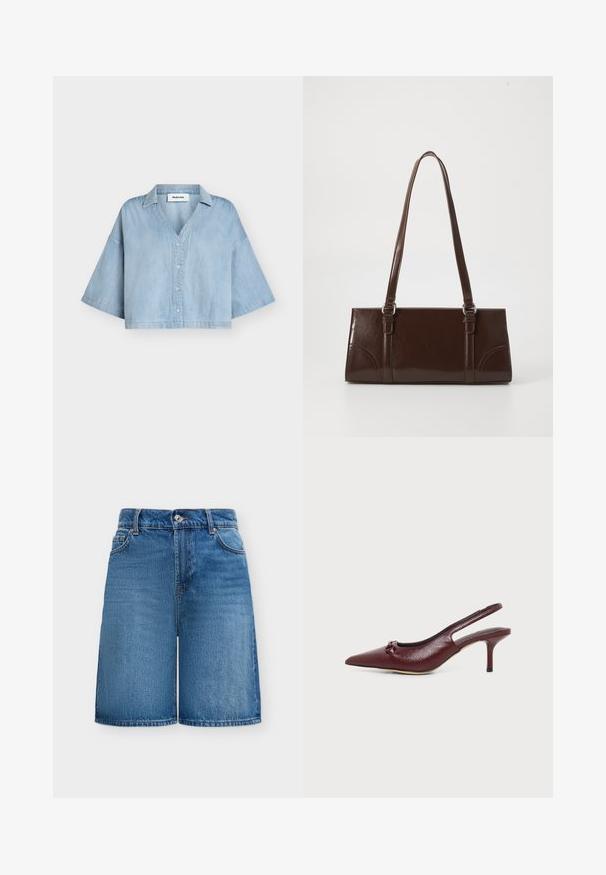 Chemise courte en jean bleu clair avec de larges manches jusqu'au coude, boutonnière à l'avant et col, présentée sur un fond uni.; Short en jean bleu avec bouton et fermeture éclair à l'avant, passants pour ceinture, deux poches avant et un lavage légèrement délavé.; Escarpin slingback en cuir bordeaux à talon kitten, bout pointu et petit nœud sur le dessus, présenté sur fond blanc.; Sac à main en cuir verni marron de forme rectangulaire, avec deux longues poignées et des accents courbés subtils à l'avant.