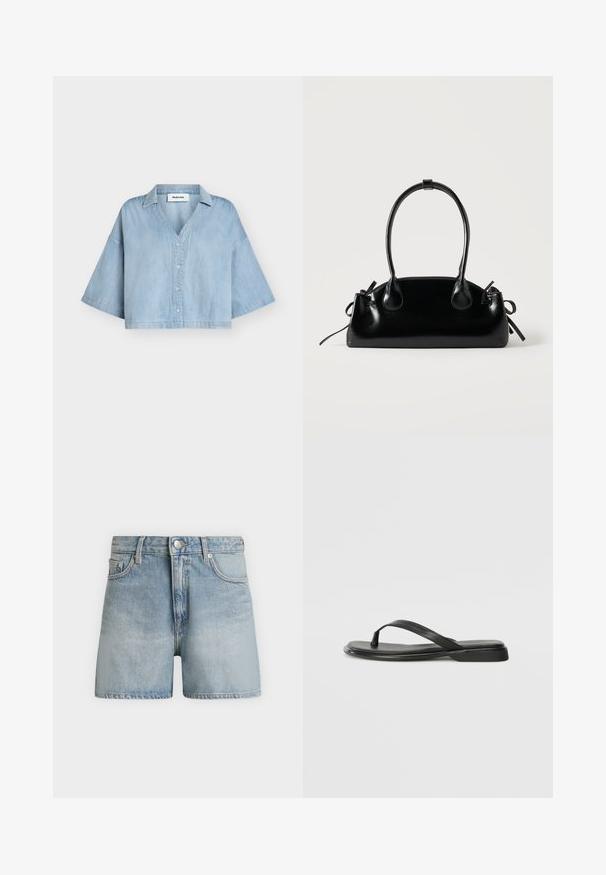 Chemise courte en jean bleu clair avec de larges manches jusqu'au coude, boutonnière à l'avant et col, présentée sur un fond uni.; Short en jean bleu clair avec bouton à l’avant, fermeture éclair, passants pour ceinture et poches avant, présenté sur un fond gris uni.; Tongs noires en cuir lisse, avec un design de sangle fine et une semelle plate à profil minimal. Aucun motif ou accent notables.; Petit sac à main noir brillant avec deux longues anses et des détails à cordon sur les côtés sur un fond clair uni.