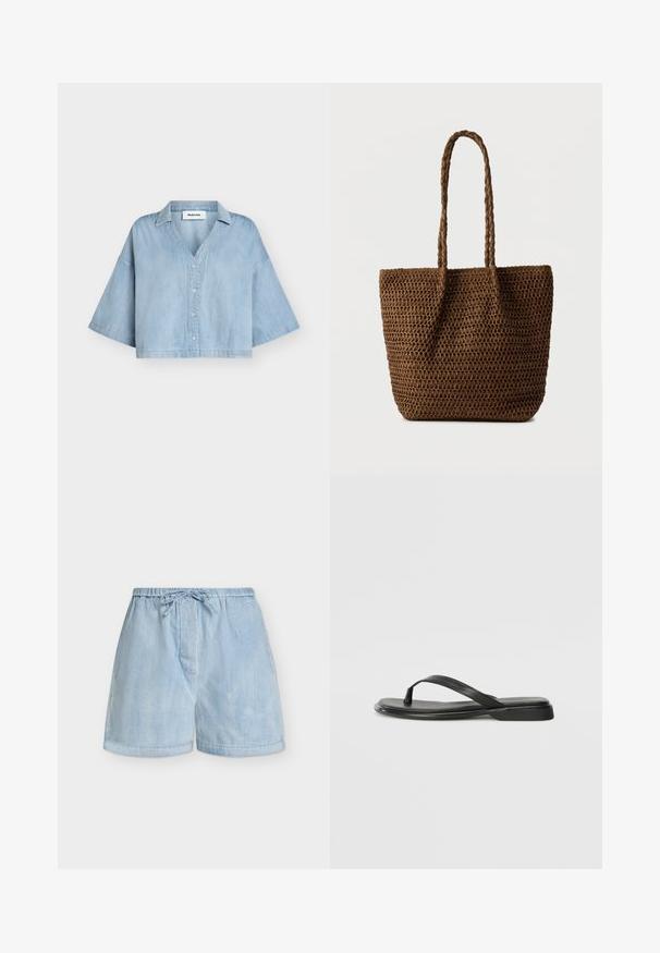 Chemise courte en jean bleu clair avec de larges manches jusqu'au coude, boutonnière à l'avant et col, présentée sur un fond uni.; Short en denim bleu clair avec taille élastique et cordon à l'avant, ourlet retroussé et fermeture éclair dissimulée à l'avant.; Tongs noires en cuir lisse, avec un design de sangle fine et une semelle plate à profil minimal. Aucun motif ou accent notables.; Sac fourre-tout tissé marron avec deux anses tressées, corps rectangulaire, et ouverture supérieure, posé sur un fond clair uni.