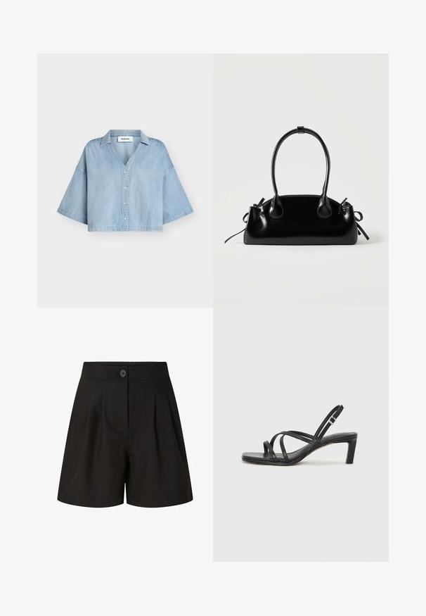 Chemise courte en jean bleu clair avec de larges manches jusqu'au coude, boutonnière à l'avant et col, présentée sur un fond uni.; Shorts noirs taille haute ajustés avec plis à l'avant, fermeture par bouton et finition tissu lisse.; Sandale noire à lanières avec un bout carré et un petit talon bloc. Elle présente plusieurs fines lanières et une sangle de cheville ajustable. Fabriquée en cuir lisse.; Petit sac à main noir brillant avec deux longues anses et des détails à cordon sur les côtés sur un fond clair uni.