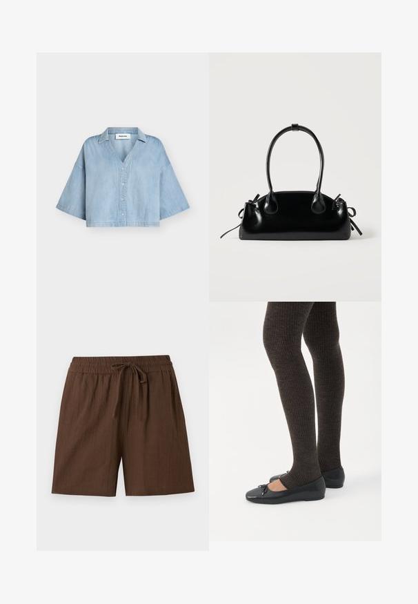 Chemise courte en jean bleu clair avec de larges manches jusqu'au coude, boutonnière à l'avant et col, présentée sur un fond uni.; Shorts décontractés marron avec une taille élastique et un cordon de serrage, en tissu léger, adaptés aux temps chauds.; Jambes portant des leggings côtelés foncés associés à des ballerines noires avec de petits détails en nœud sur fond blanc.; Petit sac à main noir brillant avec deux longues anses et des détails à cordon sur les côtés sur un fond clair uni.