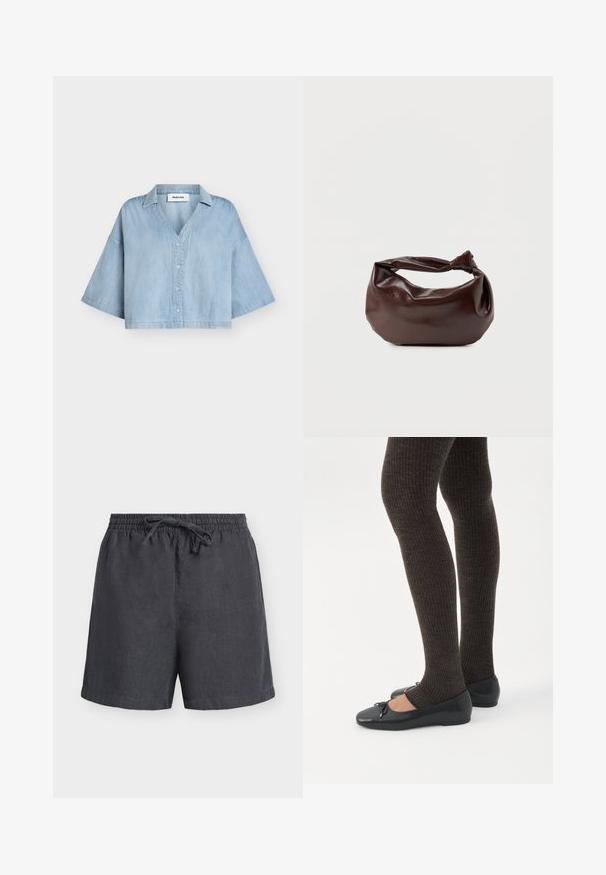 Chemise courte en jean bleu clair avec de larges manches jusqu'au coude, boutonnière à l'avant et col, présentée sur un fond uni.; Short en lin gris foncé avec taille élastique et cordon ajustable, longueur mi-cuisse, design épuré, présenté sur fond blanc.; Jambes portant des leggings côtelés foncés associés à des ballerines noires avec de petits détails en nœud sur fond blanc.; Sac bandoulière en cuir marron foncé avec une forme souple et décontractée et une anse nouée torsadée sur un fond blanc uni.