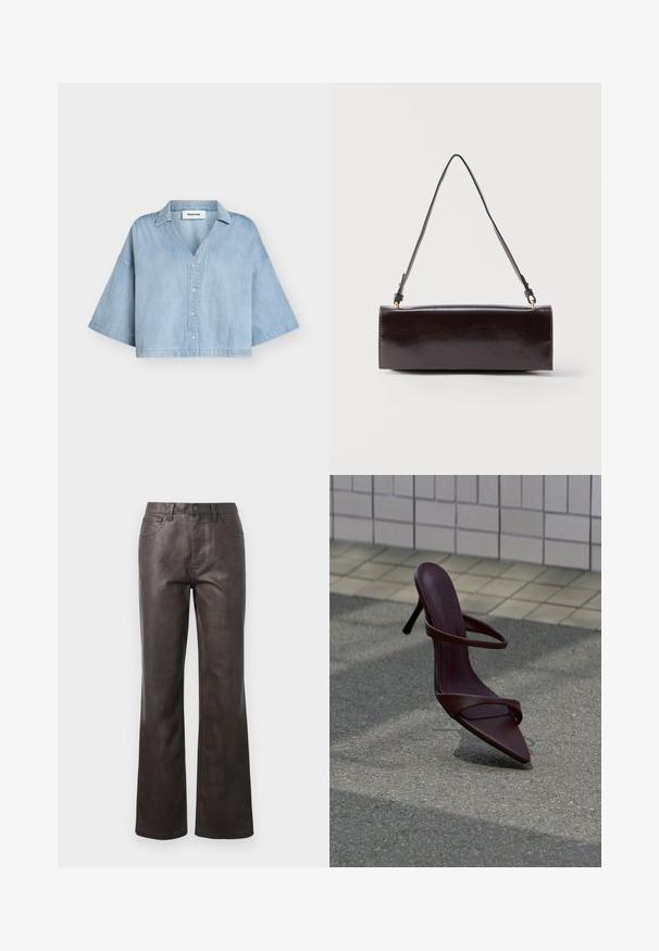 Chemise courte en jean bleu clair avec de larges manches jusqu'au coude, boutonnière à l'avant et col, présentée sur un fond uni.; Pantalon en cuir marron avec taille haute, coupe droite, surpiqûres apparentes et cinq poches. Texture lisse, éclat minimal.; Sandale à talon haut brun foncé avec des lanières fines, flottant au-dessus d'un bitume gris près d'un mur carrelé.; Sac à main rectangulaire en cuir noir avec une longue bandoulière unique et une finition brillante, présenté sur un fond blanc uni.