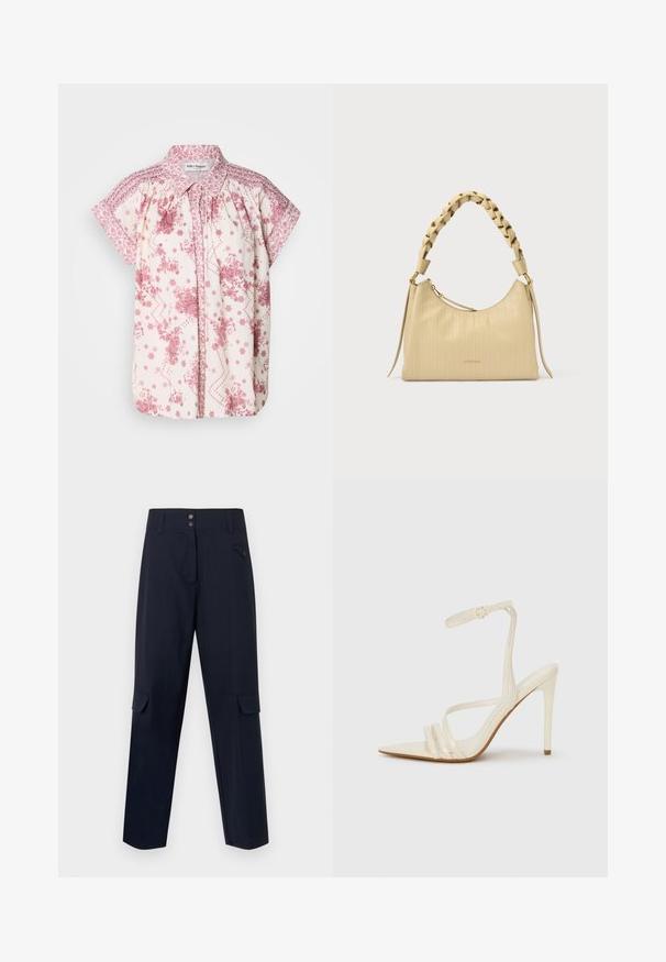 Kurzärmelige Bluse aus leichtem Creme-Stoff mit rosa Blumenmustern und dekorativem Smocking an den Schultern und am Kragen.; Marine Fusee-Hosen aus einem gewebten Material, mit zwei Seitentaschen, einem Knopfverschluss und einem geraden Schnitt.; Beige Sandaletten mit hohem Absatz und spitzer Schuhspitze, ausgestattet mit drei vorderen Riemen und einem dünnen Knöchelriemen mit Schnalle. Glatte Textur, minimalistisches Design.; Beige Lederhandtasche mit strukturiertem vertikalem Streifendesign, geflochtenem Henkel und goldfarbenen Hardware-Akzenten.