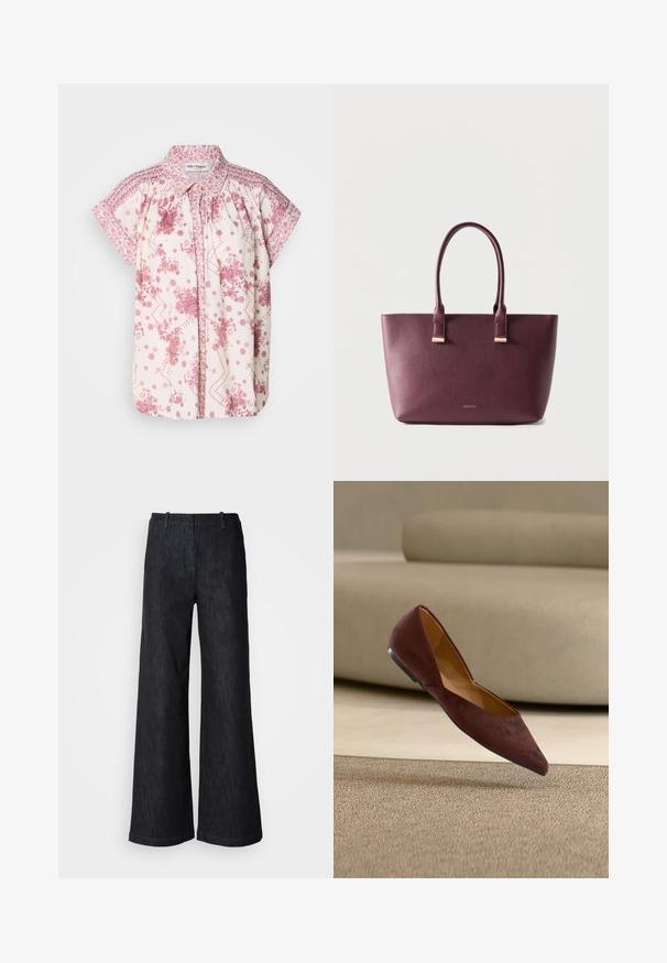 Kurzärmelige Bluse aus leichtem Creme-Stoff mit rosa Blumenmustern und dekorativem Smocking an den Schultern und am Kragen.; Schwarze Jeanshosen mit weitem Bein und strukturierter Oberfläche, ausgestattet mit Gürtelschlaufen und einem sauberen Saum. Klassisches Design, geeignet für verschiedene Anlässe.; Dunkelbrauner, spitz zulaufender Ballerina aus Wildleder, schwebt über einem beigen Teppich vor einem beigen Sofa im Hintergrund.; Dunkellila Leder-Shopper mit zwei Griffen und kleinem goldfarbenem Markenlogo auf der Vorderseite, vor einfarbig hellem Hintergrund.