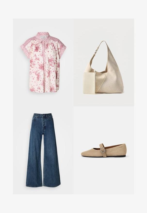 Kurzärmelige Bluse aus leichtem Creme-Stoff mit rosa Blumenmustern und dekorativem Smocking an den Schultern und am Kragen.; Weite Denim-Jeans in Dunkelblau mit hoher Taille, Fünf-Taschen-Design und kontrastierenden Nähten. Klassischer, strapazierfähiger Stoff.; Beige Wildleder Mary Jane Ballerinas mit spitzer Zehe und einem verstellbaren Riemen mit einer silbernen Schnalle. Schwarze flache Sohle.; Beige Stoff-Hobo-Tasche mit verstellbarem Riemen und angebrachtem kleinem rechteckigem Reißverschlussfach in passender Farbe.