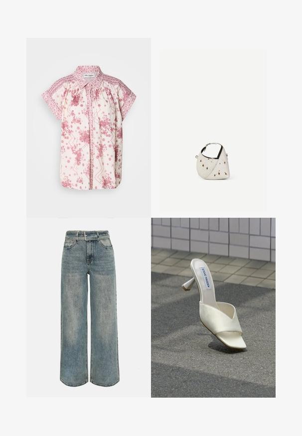 Kortærmet bluse i let cremefarvet stof med pink blomster mønstre og dekorativ smocking ved skuldrene og kraven.; Høj talje, vidde-benet jeans i falmet blå denim med matchende denimbælte og klassisk fem-lomme-design.; Hvid Steve Madden mule med åben tå og blokhæl, hvilende på grå asfalt nær væg med fliser.; Lille hvid håndtaske med brune pletter, afrundet trekantet form, sort indvendig foring og kort justerbar rem med sølvspænde.