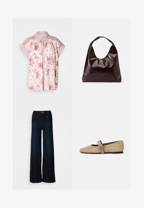 Kurzärmelige Bluse aus leichtem Creme-Stoff mit rosa Blumenmustern und dekorativem Smocking an den Schultern und am Kragen.; Weite, dunkelblaue Jeans mit weitem Bein. Verfügt über Fronttaschen, goldenes Zubehör und Kontrastnähte. Glatte Textur mit einem lässigen Design.; Beige Wildleder Mary Jane Ballerinas mit spitzer Zehe und einem verstellbaren Riemen mit einer silbernen Schnalle. Schwarze flache Sohle.; Burgunderfarbene, glänzende tote Bag aus veganem Leder mit einer weichen, skulpturalen Form und einem breiten, geschwungenen Henkel für einfaches Tragen.