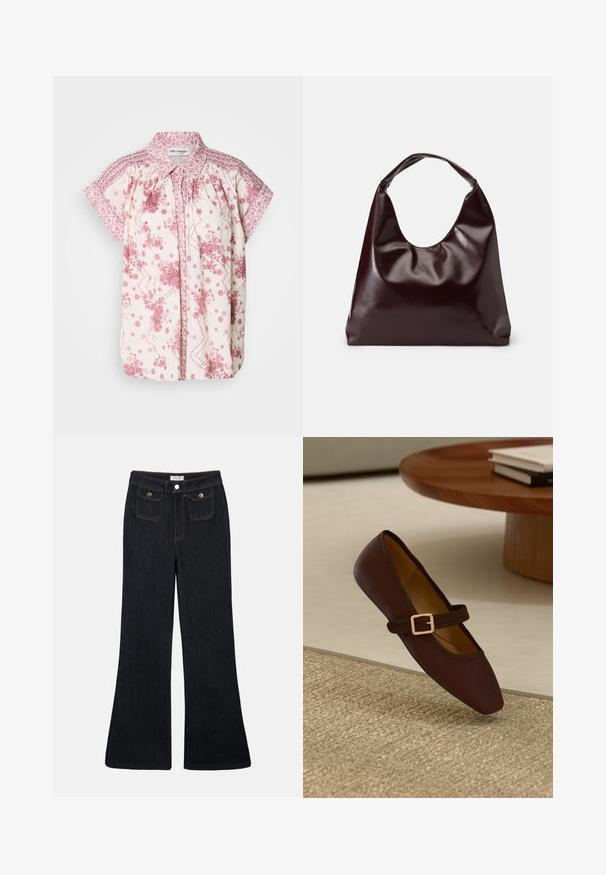 Kortærmet bluse i let cremefarvet stof med pink blomster mønstre og dekorativ smocking ved skuldrene og kraven.; Sorte denim jeans med høj talje, flared ben, to frontlommer og orange syninger. Materialet ser solidt og glat ud.; Brune læder flad sko med spids tå og en dekorativ rem med en guldbuckle. Varm beige vævet teksturbaggrund.; Bordeaux, skinnende vegansk læder tote taske med en blød, skulpturel form og et bredt, buet håndtag for nem bæring.