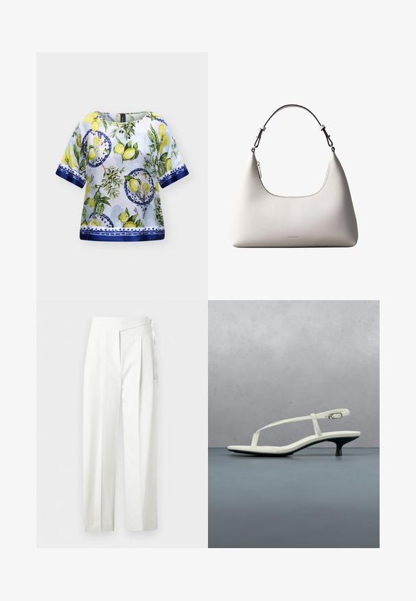 Blouse blanche à manches courtes avec bordure bleue et imprimé de citrons, tranches de citron, feuilles vertes et cercles décoratifs bleus.; Pantalon blanc taille haute avec plis et détail de nœud sur le côté, coupe droite et fermeture cachée.; Sandale blanche à talon kitten avec des lanières et un bout pointu, flottant au-dessus d'un sol en carrelage en bois en plein air avec un arrière-plan flou de plante et de mur.; Sac à bandoulière en cuir couleur crème de Calvin Klein avec bord supérieur incurvé, fermeture éclair argentée et sangle ajustable brun foncé.