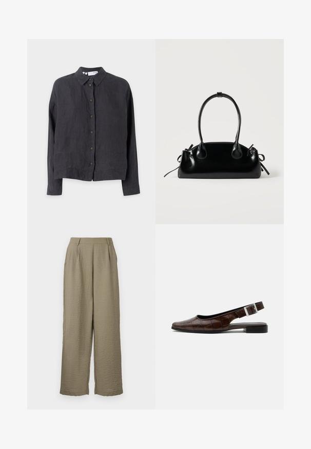 Camisa de lino gris oscuro de botones con cuello, mangas largas y botones marrones en el frente, con un corte relajado y una textura suave.; Pantalones de pierna ancha color caqui, confeccionados en tela texturizada, con cintura alta y sutiles pliegues para un mayor detalle. Acabado liso en la cinturilla.; Zapato plano de piel marrón oscuro con tira trasera, punta cuadrada, textura de cocodrilo y hebilla plateada en la correa.; Pequeño bolso negro brillante con dos asas largas y detalles de cordón lateral sobre un fondo claro liso.