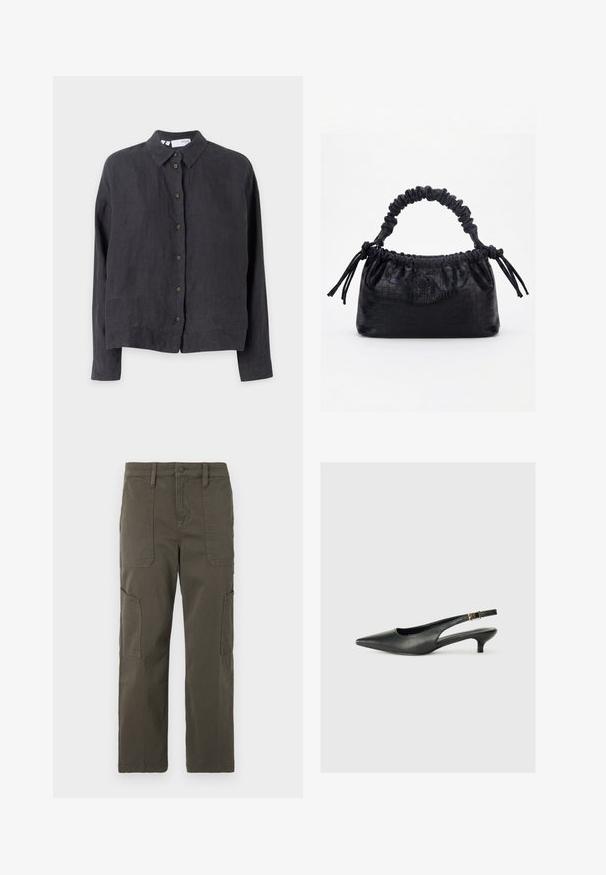 Donkergrijze linnen overhemd met knopen, een kraag, lange mouwen en bruine knopen aan de voorkant, met een relaxte pasvorm en een gladde textuur.; Good American CROPPED PANTS - Cargobroek - fatigue; Zwarte puntschoen met slingback van soepel leer. Kenmerkt zich door een dunne hak en een gespdetail op de verstelbare band.; Zwarte handtas met krokodillenstructuur, geplooide bovenrand, samengevoerde handgreep en koordtassels aan elke kant tegen een witte achtergrond.