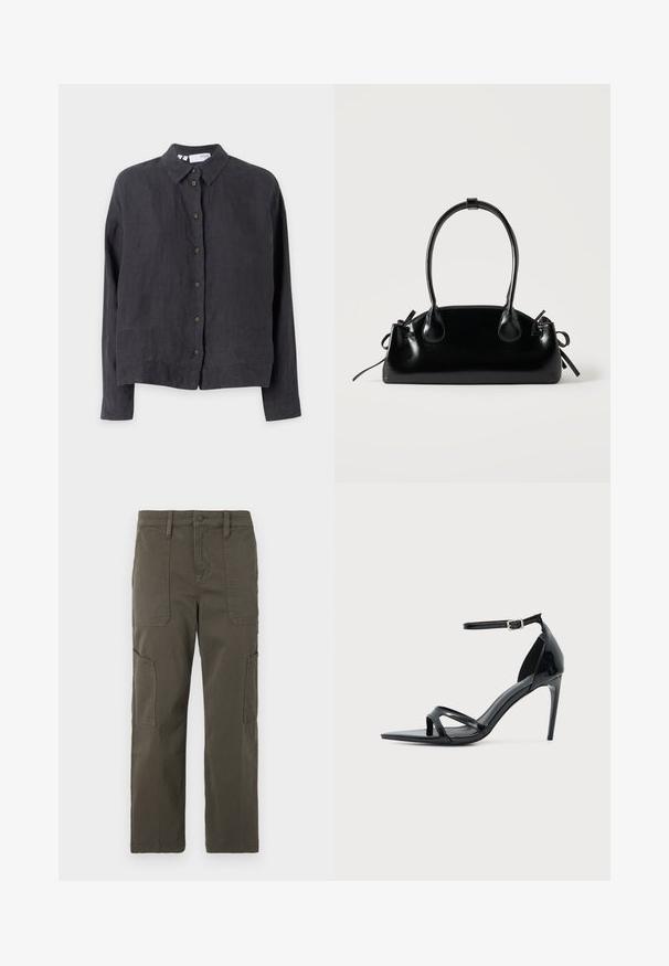 Dunkelgrauem Leinenhemd mit Kragen, langen Ärmeln und braunen Knöpfen entlang der Vorderseite, das eine lockere Passform und eine glatte Textur aufweist.; Good American CROPPED PANTS - Cargohose - fatigue; Schwarze Sandale aus Lackleder mit hohem Absatz, dünnem Knöchelriemen, offenem Zehenbereich und minimalistischem Design auf hellem, einfarbigem Hintergrund.; Kleine schwarze glänzende Handtasche mit zwei langen Griffen und seitlichen Kordelzug-Details vor einfachem hellem Hintergrund.