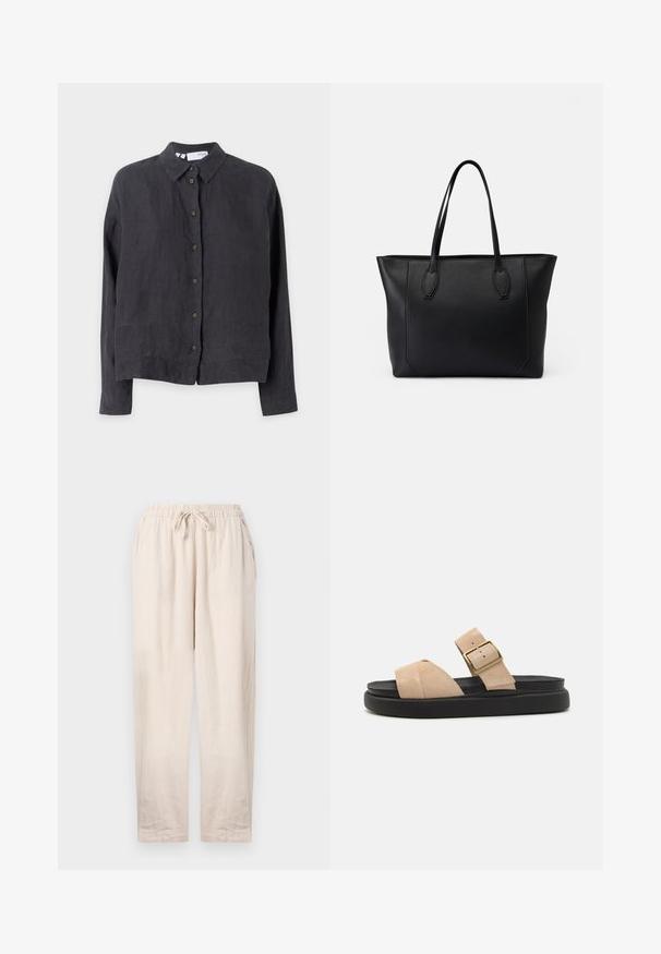 Chemise boutonnée en lin gris foncé avec col, manches longues et boutons marron sur le devant, présentant une coupe décontractée et une texture lisse.; Pantalons en lin beige avec une taille élastique et un cordon de serrage. Comprend deux poches latérales et une coupe décontractée avec des jambes droites.; Sandales en suède beige avec une bride incurvée, une boucle dorée et une semelle en platform noire. Design plat adapté pour le port décontracté.; Sac en cuir noir avec deux poignées robustes, présentant une texture lisse, une forme rectangulaire et des détails de couture subtils le long des bords.