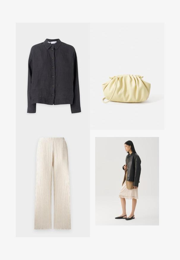 Chemise boutonnée en lin gris foncé avec col, manches longues et boutons marron sur le devant, présentant une coupe décontractée et une texture lisse.; Pantalons larges couleur crème avec un design texturé et plissé, dotés d'une taille élastique. Coupe droite avec une apparence douce et fluide.; Veste en cuir noir portée sur un haut marron, associée à une robe légère crème à bretelles avec bordure en dentelle et des chaussures slingback noires.; Sac à main plissé jaune en simili cuir lisse, arborant une forme douce avec une bandoulière unique et un design froncé sur le dessus.