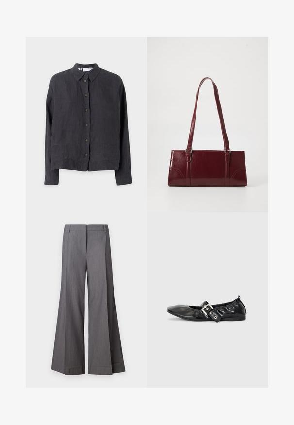 Camisa de lino gris oscuro de botones con cuello, mangas largas y botones marrones en el frente, con un corte relajado y una textura suave.; Pantalones de pierna ancha grises, confeccionados con un tejido texturizado, que presentan una cintura alta y pliegues en la parte delantera. Los acabados del dobladillo son limpios, sin acentos adicionales.; Zapato plano de piel negra con puntera afilada, detalle fruncido alrededor de la abertura y un acento de hebilla plateada en la correa ajustable.; Bolso burdeos hecho de material brillante, de forma rectangular, con dos asas para el hombro y sutiles acentos curvados en la parte frontal.
