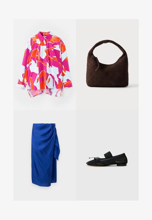 Napapaita pyjamashirt, jossa on värikäs abstrakti kuvio vaaleanpunaisena, oranssina ja vaaleansinisena. Valmistettu sileästä kankaasta, jossa on kaulus ja pitkät hihat.; Sininen midi-hame, jossa on laskostettu sivusolmuke ja sileä, laskeutuva kangas, esitelty yksiväristä taustaa vasten.; Musta litteä kenkä, jossa on terävä kärki, valmistettu teksturoidusta kankaasta, ja siinä on nauhaaksentti sekä pieni, pyöreä korko. nilkkaremmillä.; Ruskea kudottu käsilaukku pyöreällä kahvalla, tehty teksturoidusta materiaalista. Varustettu vetoketjulla ja pienellä logokoristeella.