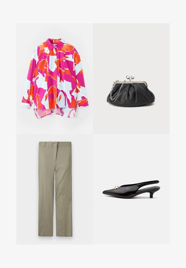 Napapaita pyjamashirt, jossa on värikäs abstrakti kuvio vaaleanpunaisena, oranssina ja vaaleansinisena. Valmistettu sileästä kankaasta, jossa on kaulus ja pitkät hihat.; Vaaleanoliivinvihreät housut, jotka on muotoiltu istuviksi. Niissä on litteä etuosa, kaksi sivutaskua ja sileä, teksturoitu kangas. Ei näkyviä kuvioita tai yksityiskohtia.; Musta lakerinen slingback-nilkkuri, jossa on pieni kissakorko, kärkiosa kapea ja pieni pyöreä kultainen koriste päällä.; Mustan nahkainen clutch, jossa on rypistetty rakenne, hopeanvärinen metallikehys, suukko-lukko ja ketjuhihna. Sileä, pehmeä pinta.