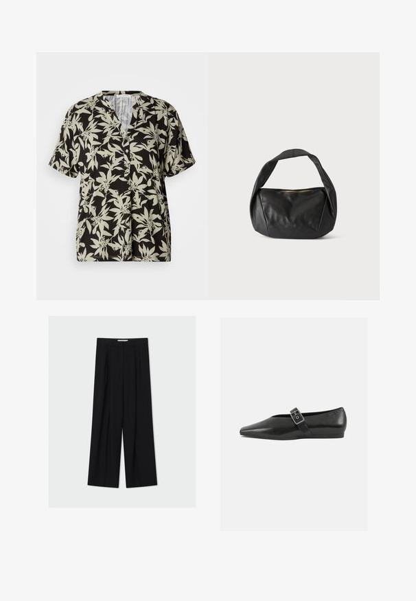 Chemise à manches courtes noire avec un motif floral vert clair, décolleté en V et détail de boutons. Fabriquée en tissu doux avec une coupe décontractée.; Pantalon noir taille haute à jambes larges avec passants de ceinture et plis devant, présenté sur un fond gris clair.; Chaussure plate en cuir noir avec un orteil pointu, présentant une sangle à boucle métallique sur le cou-de-pied et une semelle basse et flexible.; Sac à main en cuir noir avec une large bandoulière et une fermeture éclair sur le dessus, présenté sur un fond clair uni.