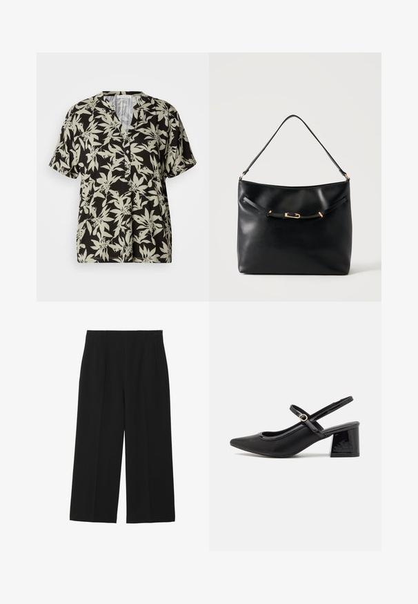 Chemise à manches courtes noire avec un motif floral vert clair, décolleté en V et détail de boutons. Fabriquée en tissu doux avec une coupe décontractée.; Pantalons larges noirs en tissu lisse, avec deux poches avant, un devant plat, et une fermeture éclair sur le côté.; Escarpins slingback en cuir verni noir avec un embout pointu, un design à découpes arrondies et un talon carré. Présente un accent de boucle en ton doré.; Sac à épaule en cuir noir avec une bandoulière unique et un petit détail de boucle dorée à l'avant, sur un fond clair uni.
