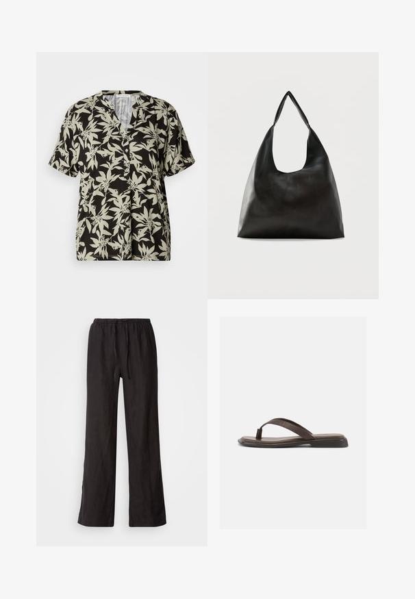 Chemise à manches courtes noire avec un motif floral vert clair, décolleté en V et détail de boutons. Fabriquée en tissu doux avec une coupe décontractée.; Pantalons noirs amples avec une taille élastique et un cordon de serrage. Fabriqués dans un tissu léger avec une texture lisse et des jambes droites.; Sandale en cuir marron à lanière avec semelle plate noire et large bride sur le dessus, vue de profil sur fond blanc.; Sac bandoulière en cuir noir lisse avec une large sangle unique et un design décontracté et minimaliste sur un fond uni.