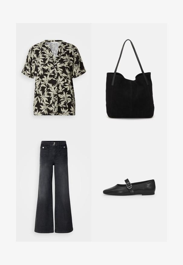 Chemise à manches courtes noire avec un motif floral vert clair, décolleté en V et détail de boutons. Fabriquée en tissu doux avec une coupe décontractée.; Jean large en denim noir avec taille haute, boutons sur le devant et deux poches avant ; texture lisse avec une légère finition décolorée.; Chaussure plate en cuir noir avec un bout arrondi, une seule sangle réglable à boucle et une texture lisse et brillante. Design minimaliste avec un petit talon.; Sac fourre-tout en suède noir avec deux longues anses en cuir plates. Présente un bord supérieur incurvé et des coutures visibles sur le devant. Pas d'accents en métal.